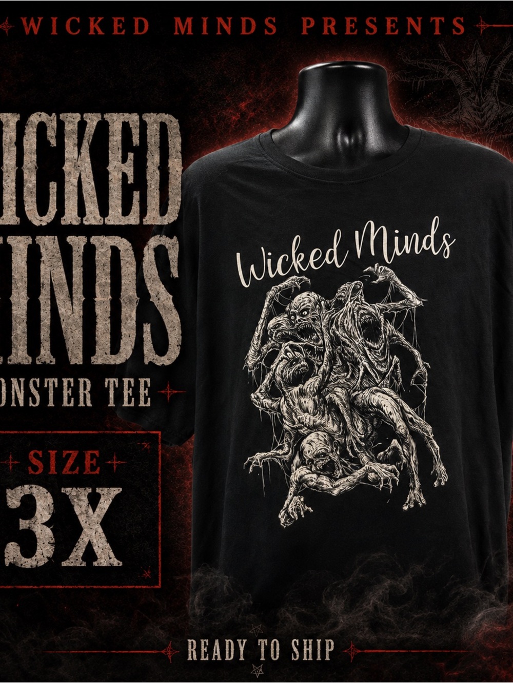 Wicked Threads: The 4 Headed Beast! Black Graphic Tee for Men